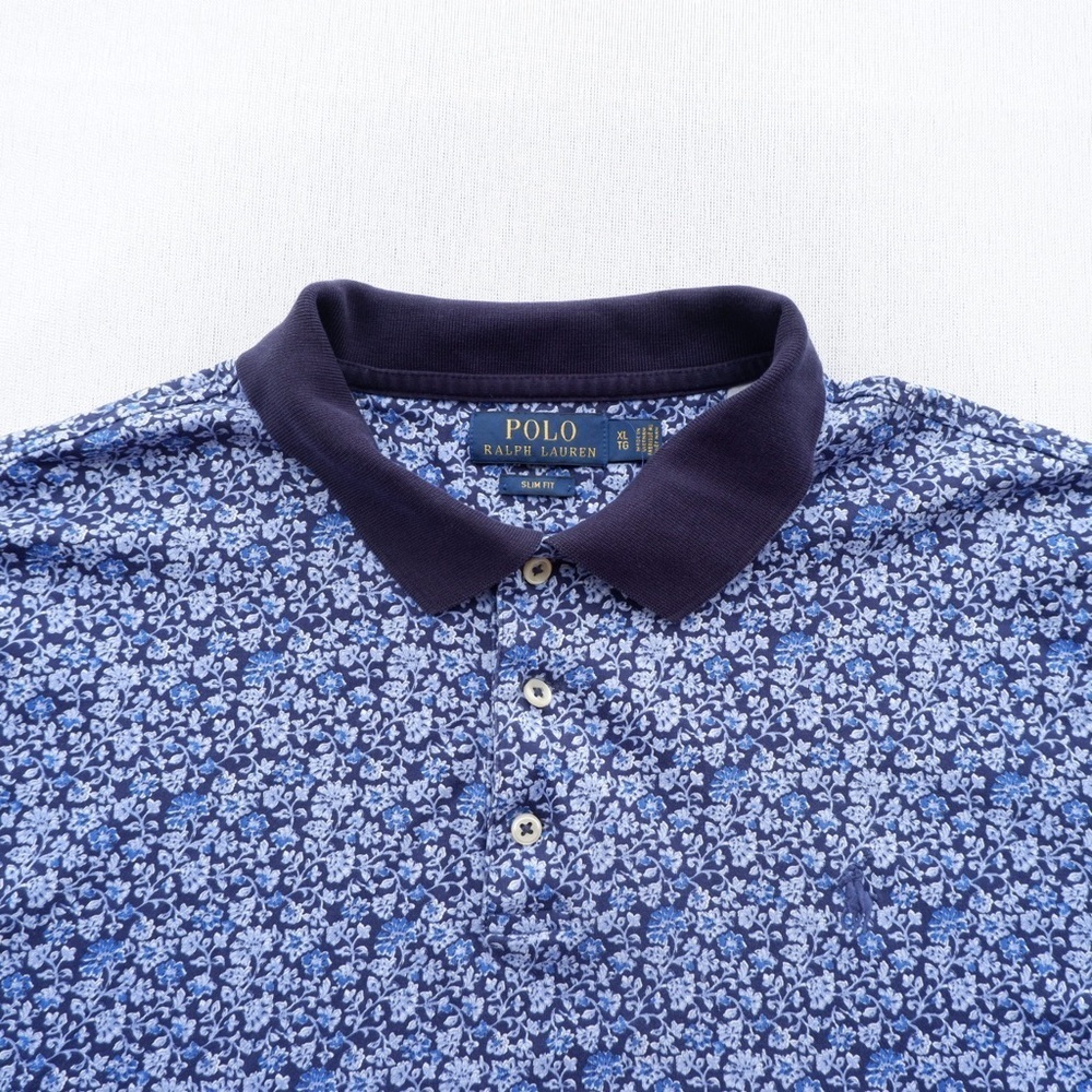 Polo Ralph Lauren Mens Polo Shirt Size XL Slim Fit Short Sleeve Blue Floral